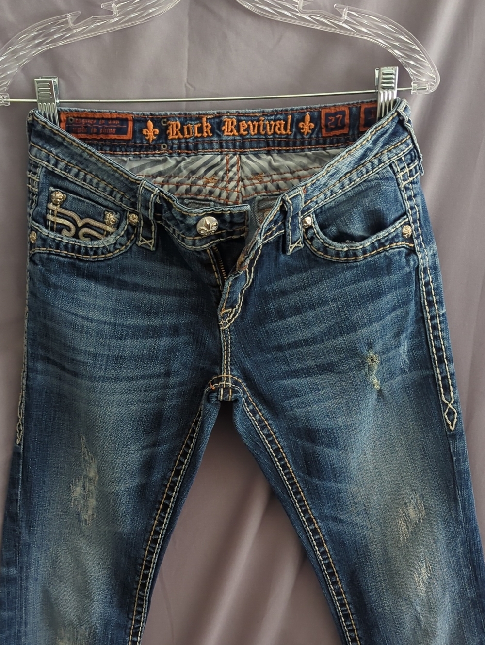 Rock Revival Blue Washed Slim Jeans with Contrast Stitching